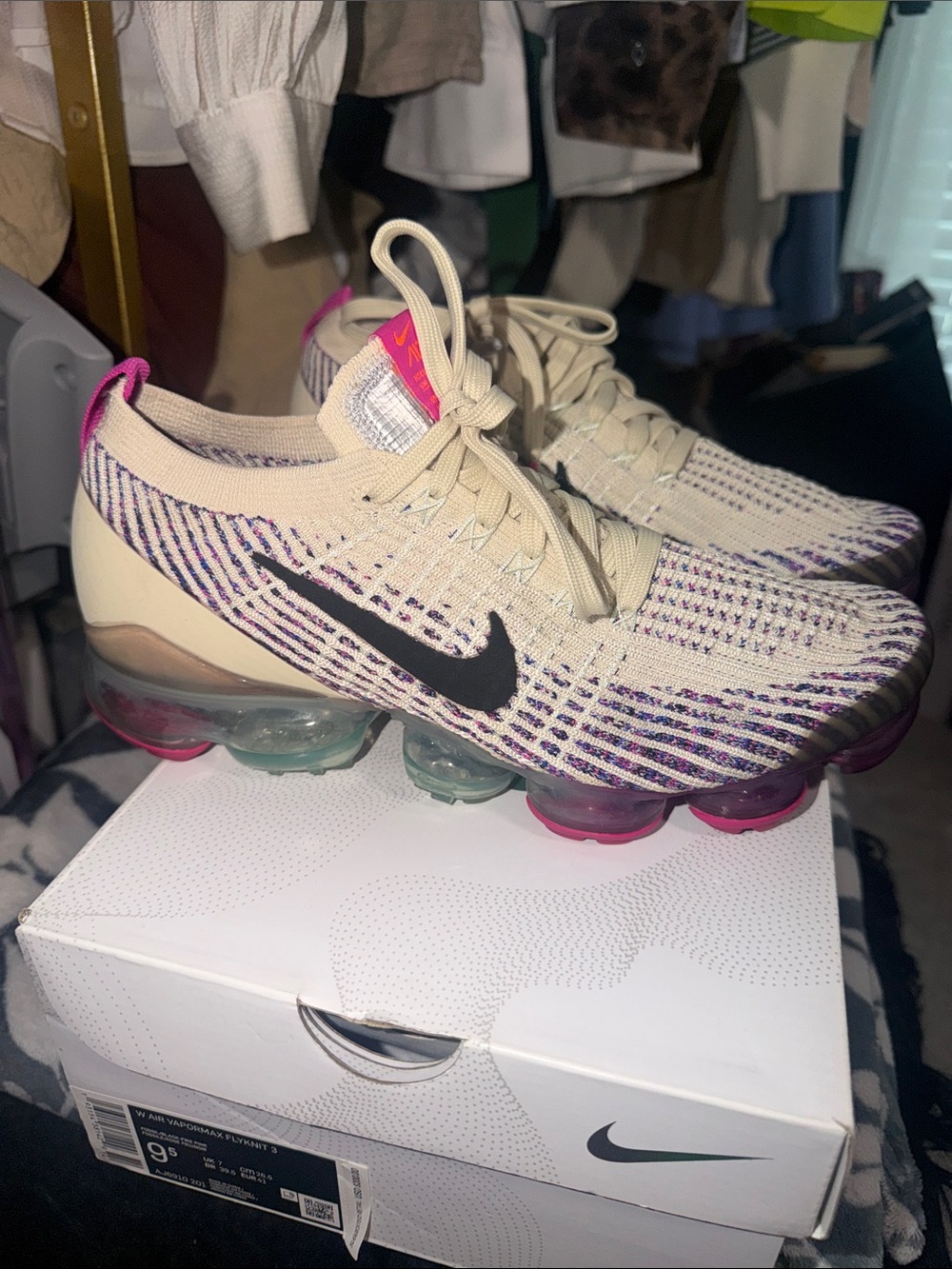 Nike Women’s VaporMax Flyknit Sneakers in Cream with Pink and Purple Accents